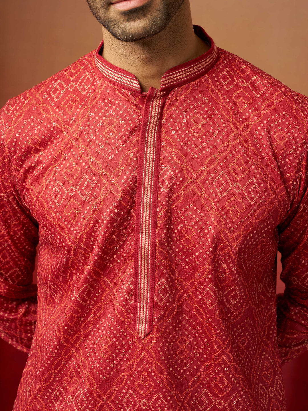 Men's Rust Bandhani Kurta with Pyjama