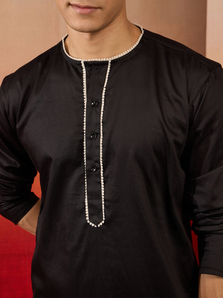 Men's Black Cotton Millennium Kurta Lace Detail
