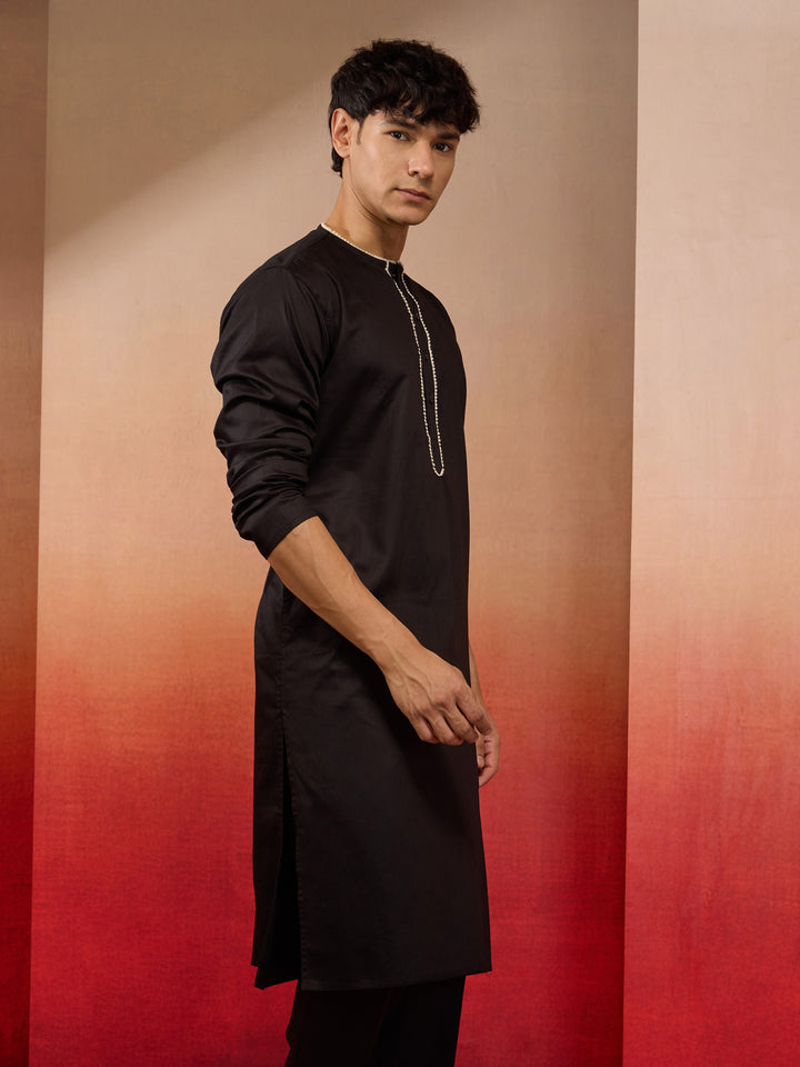 Men's Black Cotton Millennium Kurta Lace Detail