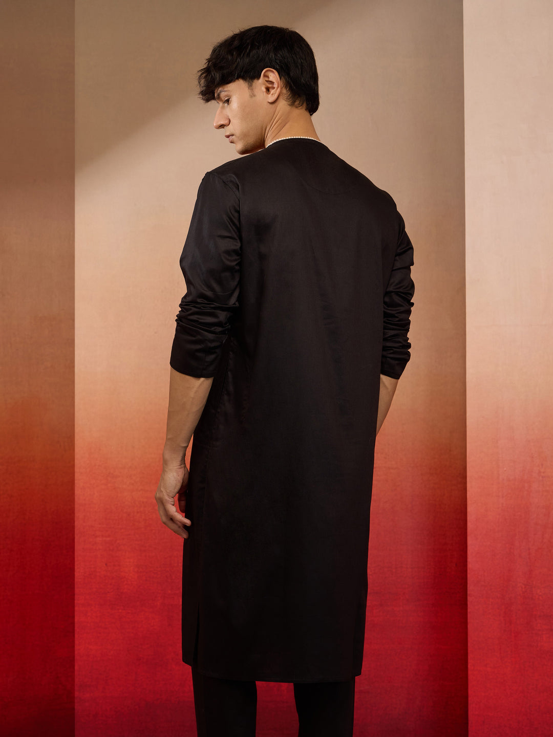 Men's Black Cotton Millennium Kurta Lace Detail