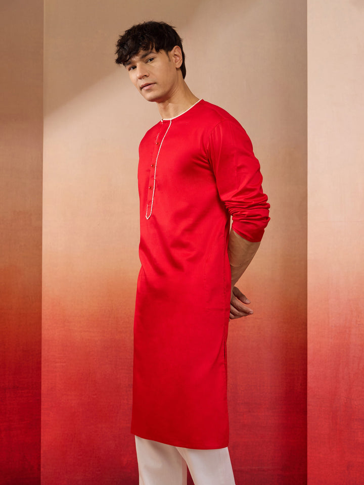 Mens Red Cotton Millennium Kurta Lace Detail