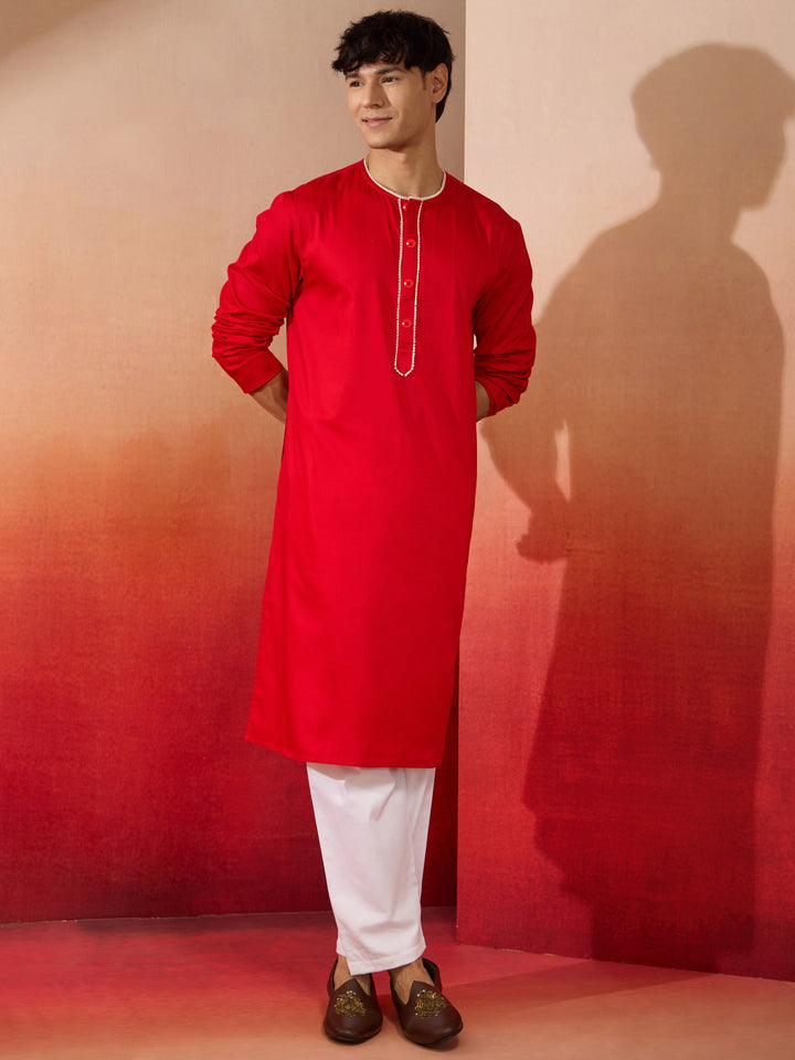 Mens Red Cotton Millennium Kurta Lace Detail
