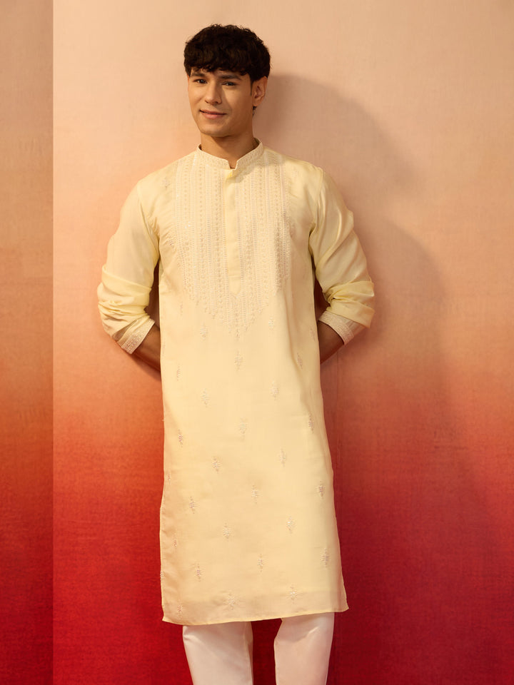 Men's Yellow Embroidered Silk Kurta