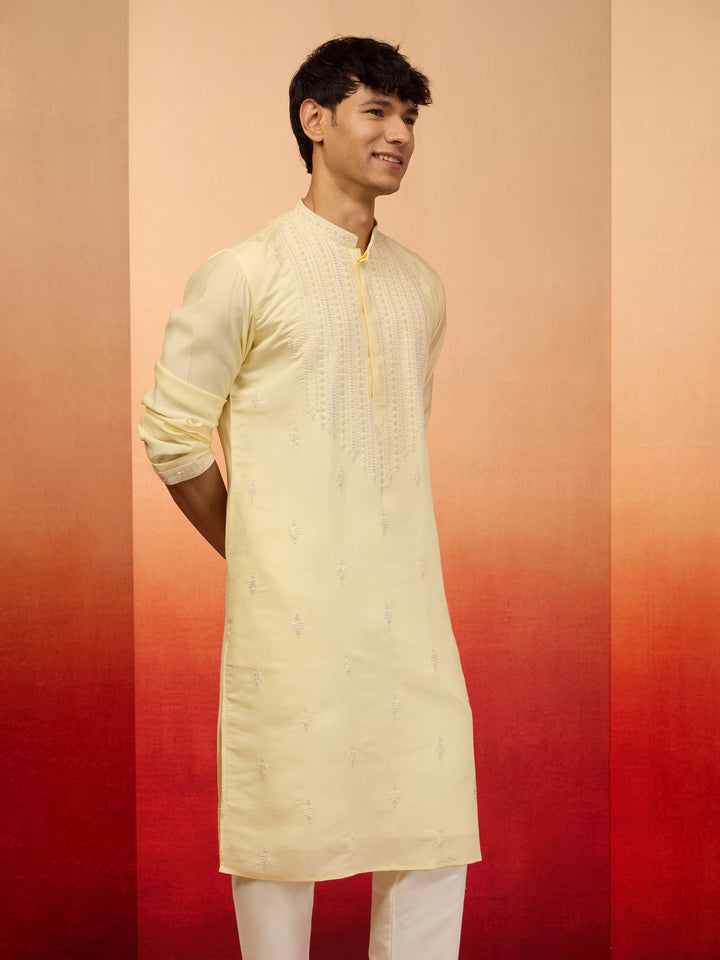 Men's Yellow Embroidered Silk Kurta