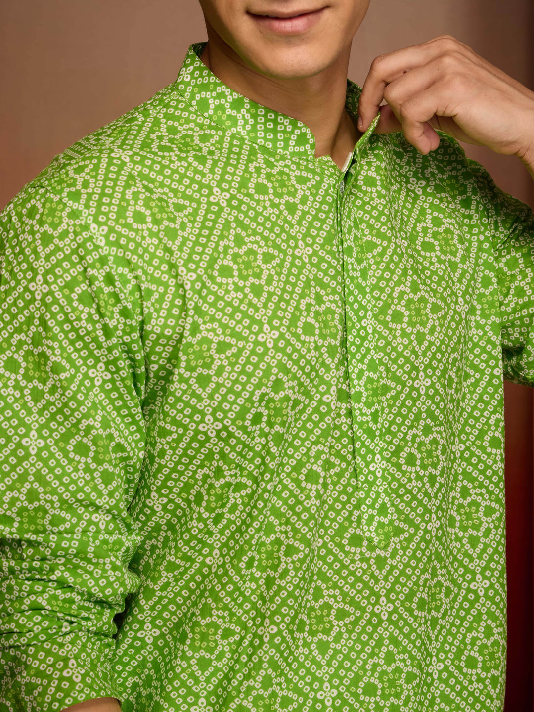 Men's Green Cotton Cambric Bandhani Kurta