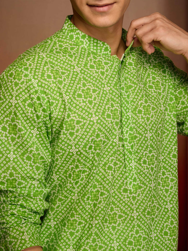 Men's Green Cotton Cambric Bandhani Kurta
