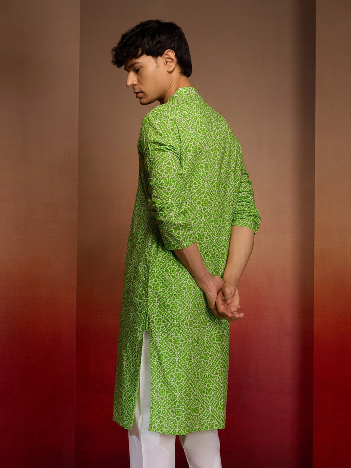 Men's Green Cotton Cambric Bandhani Kurta