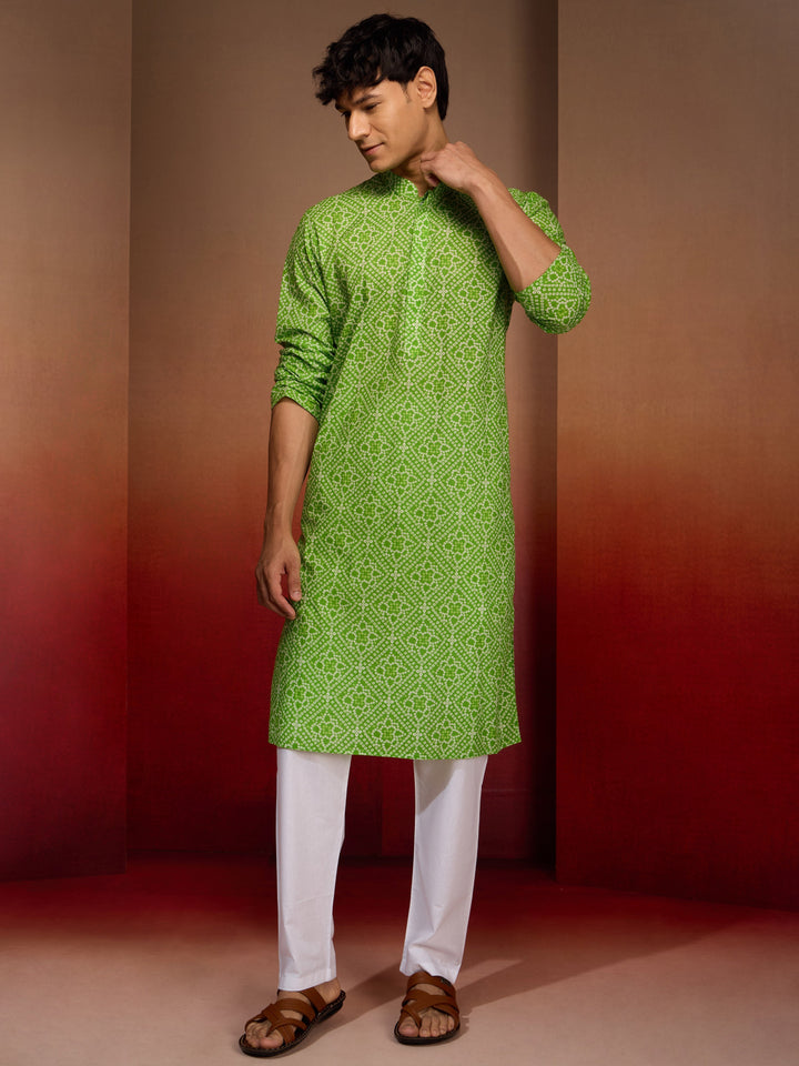 Men's Green Cotton Cambric Bandhani Kurta