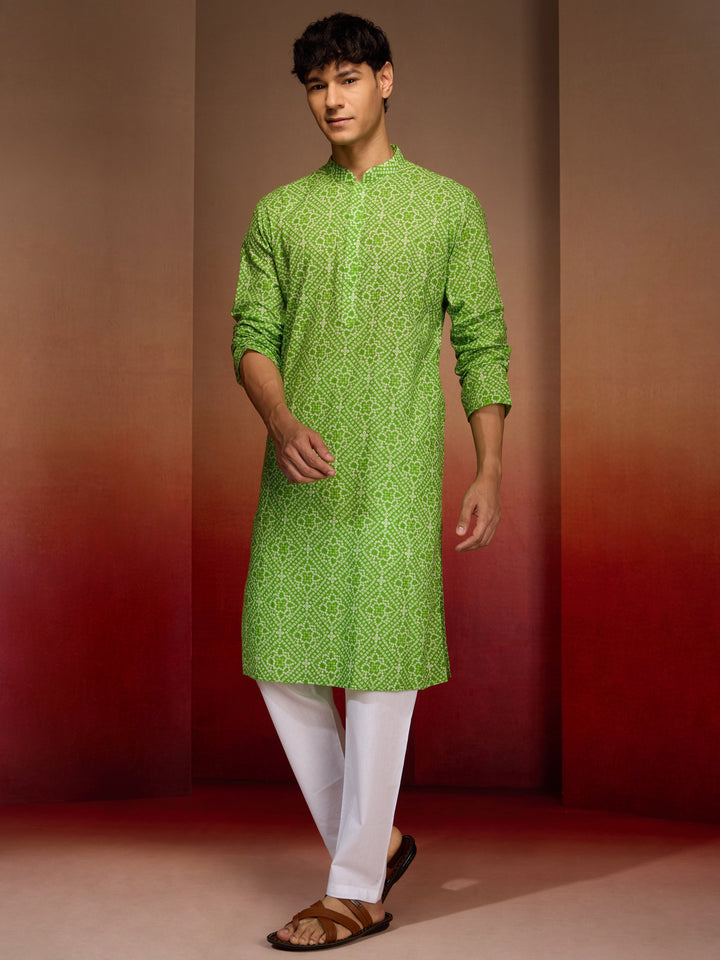 Mens Green Bandhani Kurta with Pyjama