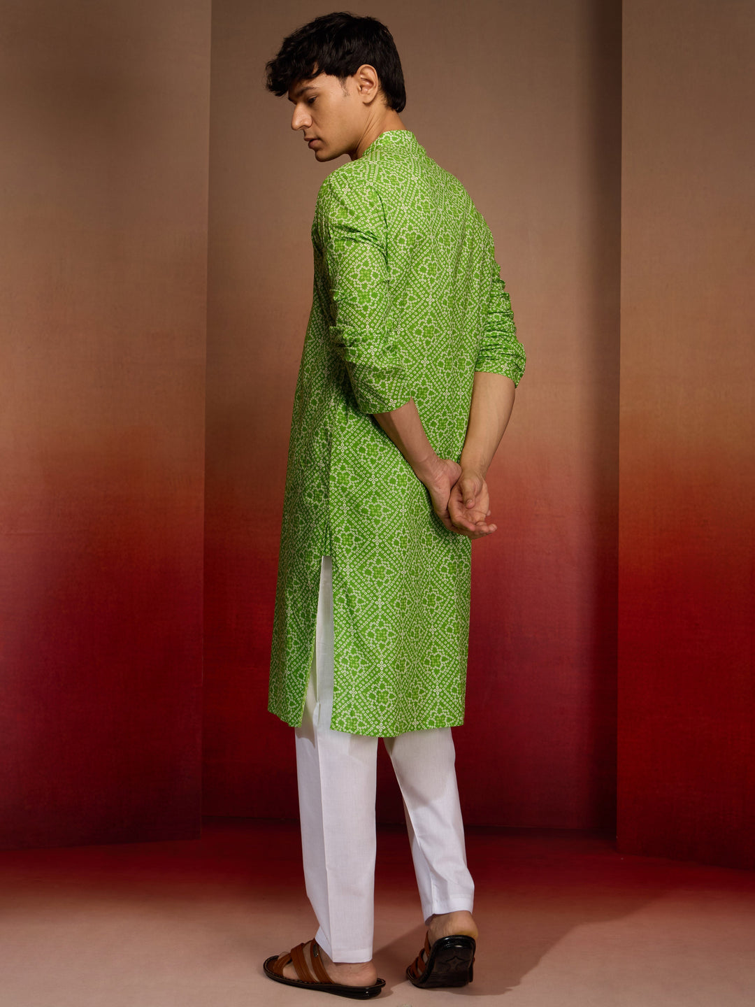 Mens Green Bandhani Kurta with Pyjama