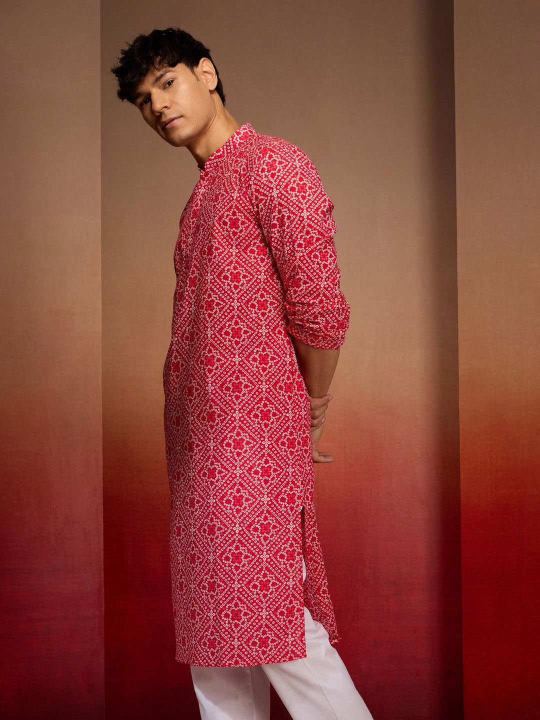 Men's Red Cotton Cambric Bandhani Kurta