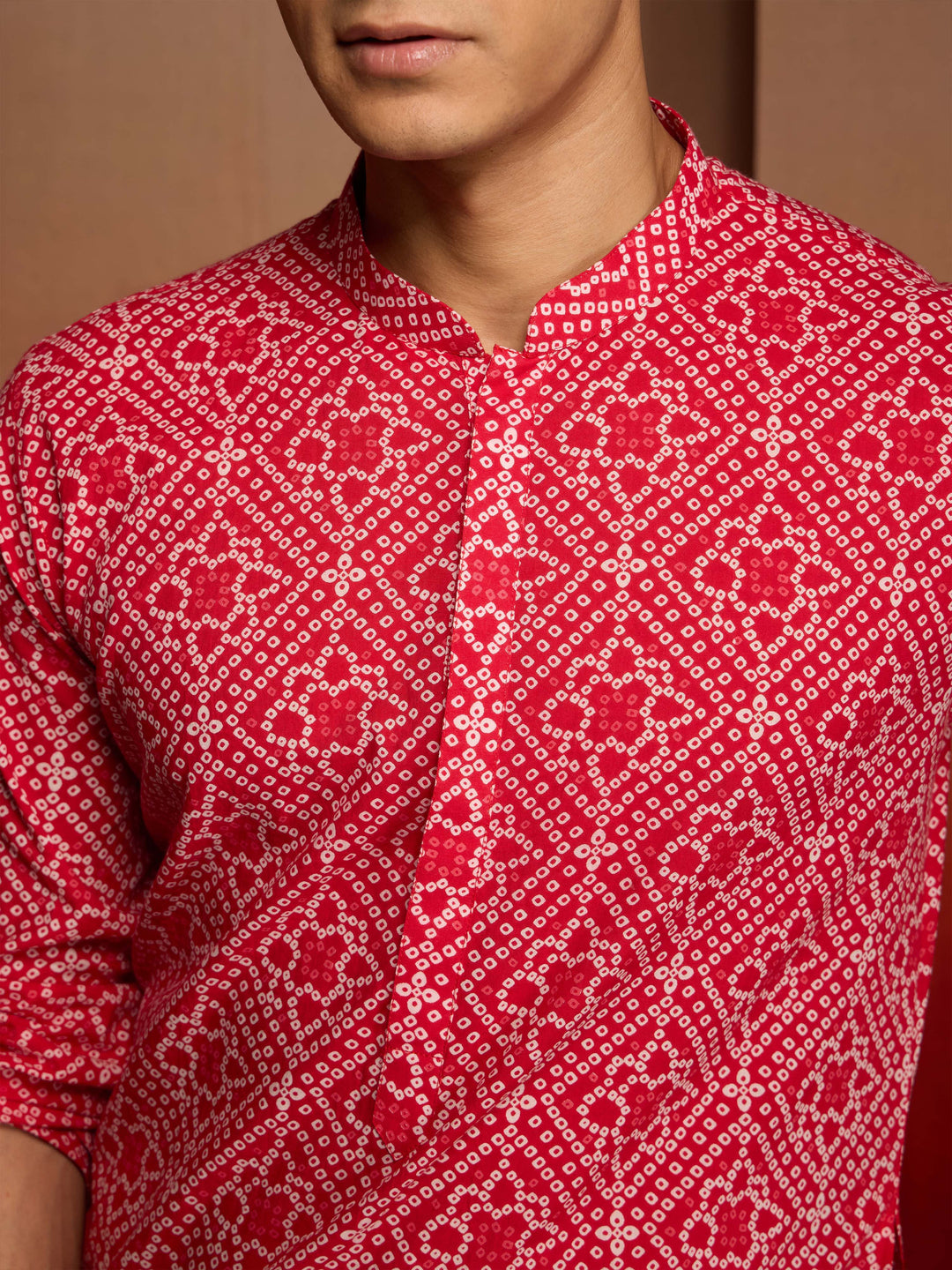 Men's Red Cotton Cambric Bandhani Kurta