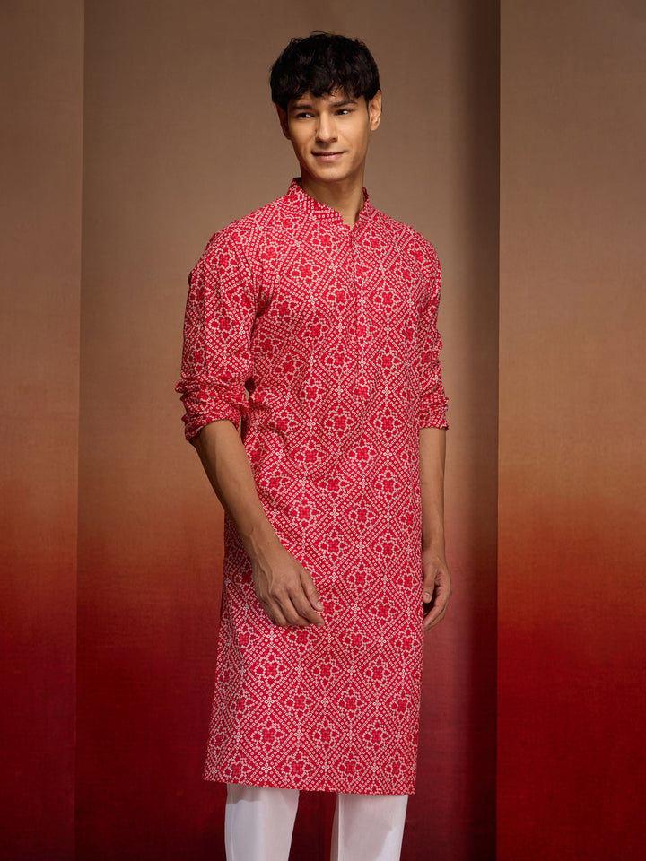 Men's Red Cotton Cambric Bandhani Kurta