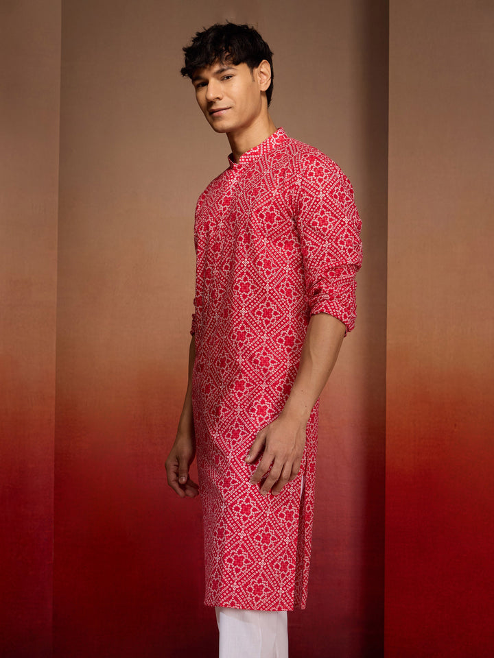 Men's Red Cotton Cambric Bandhani Kurta