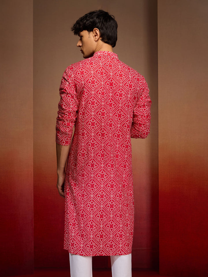 Men's Red Cotton Cambric Bandhani Kurta