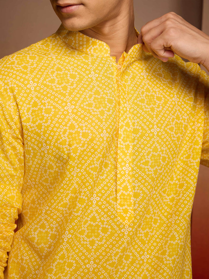 Men's Yellow Cotton Cambric Bandhani Kurta