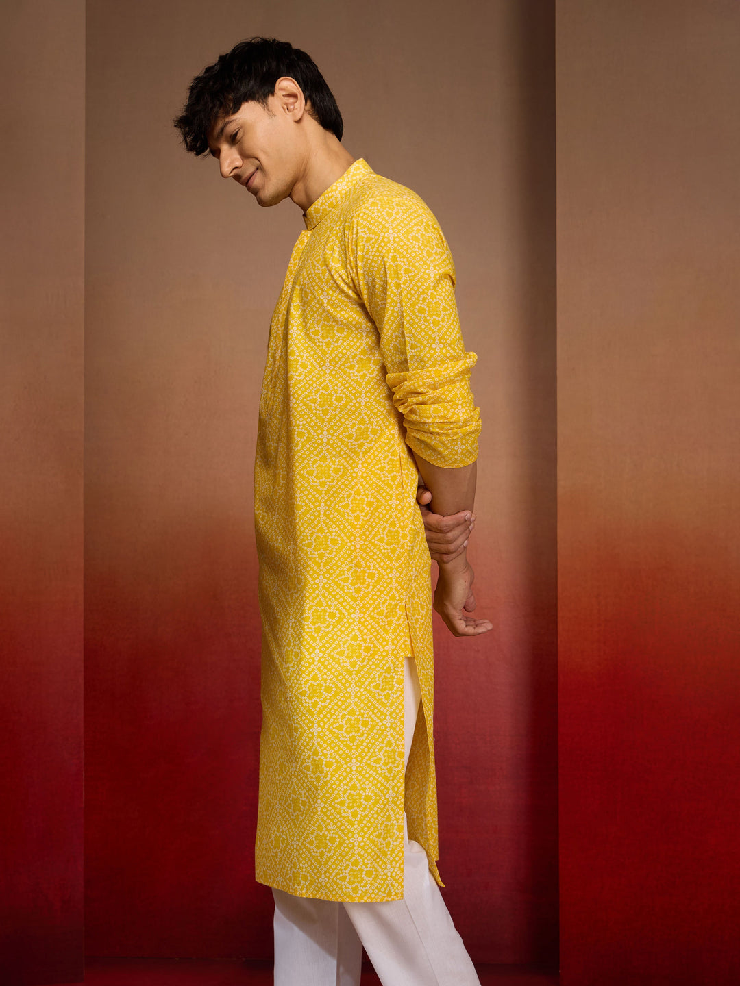 Men's Yellow Cotton Cambric Bandhani Kurta