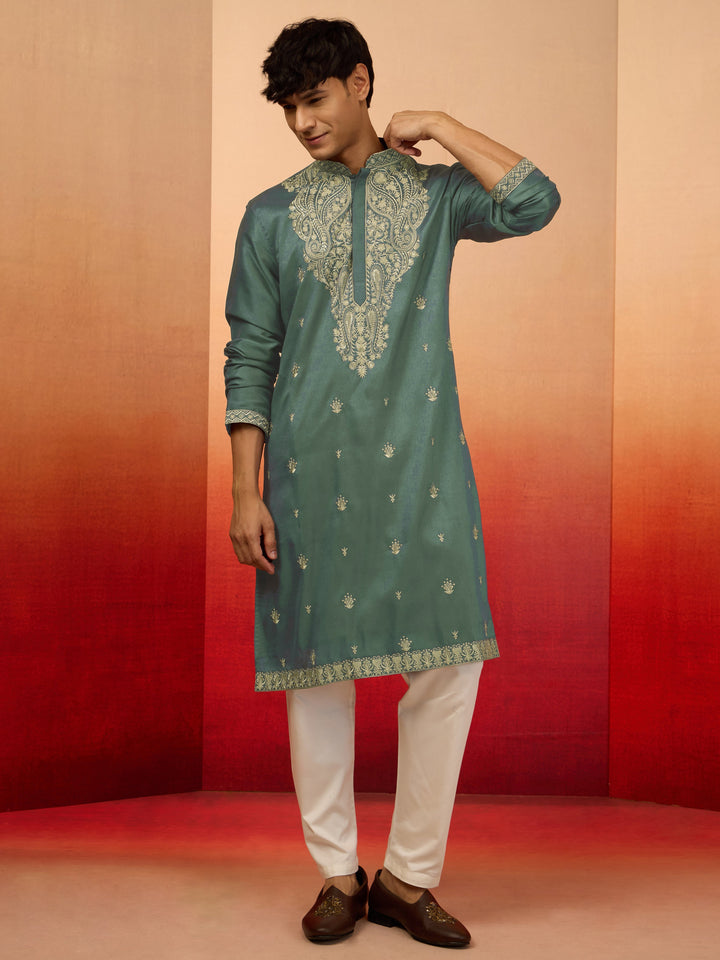 Men's Mint Green Silk Blend Resham Embroidered Kurta with Cream Pyjama