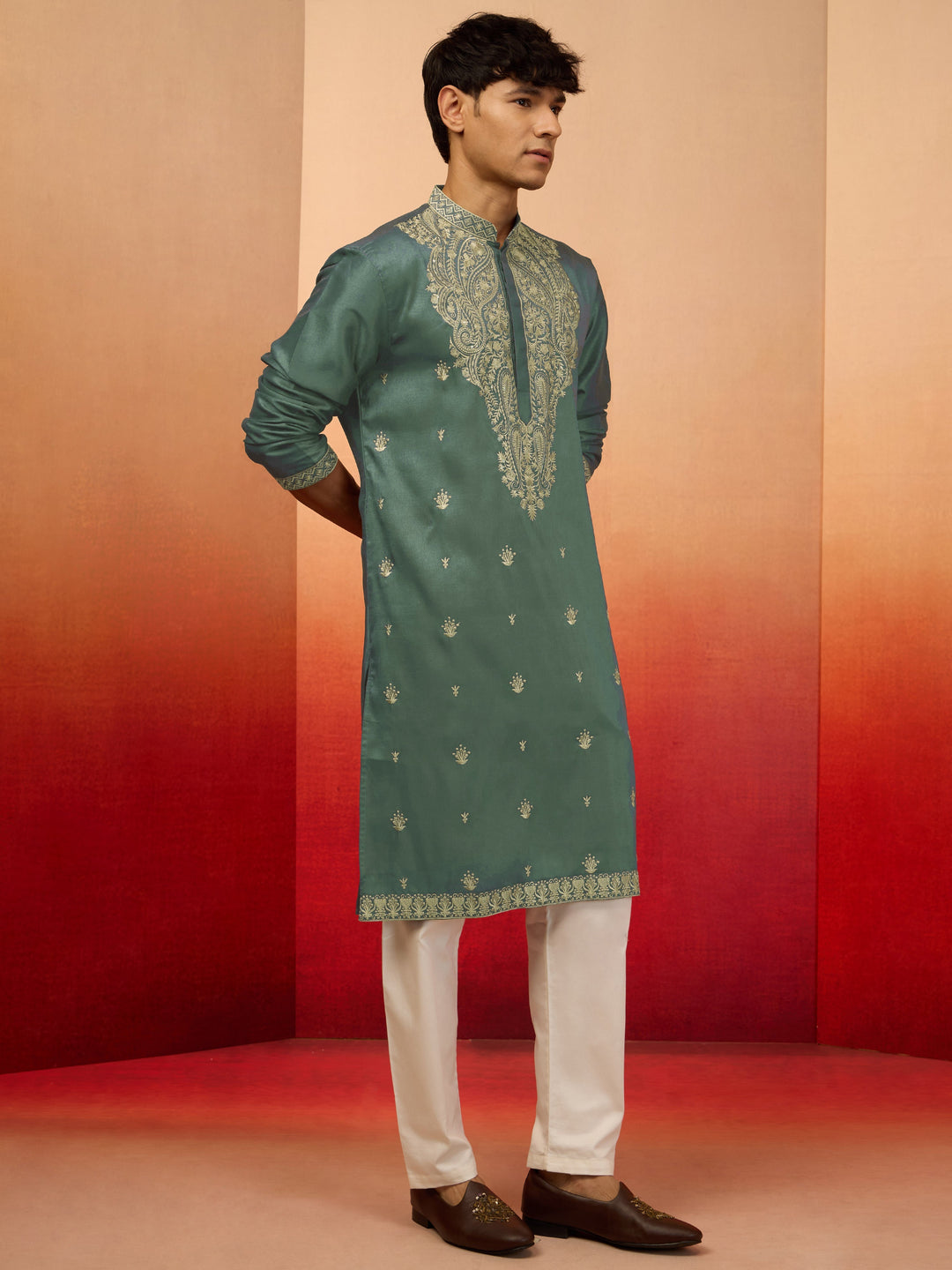 Men's Mint Green Silk Blend Resham Embroidered Kurta with Cream Pyjama