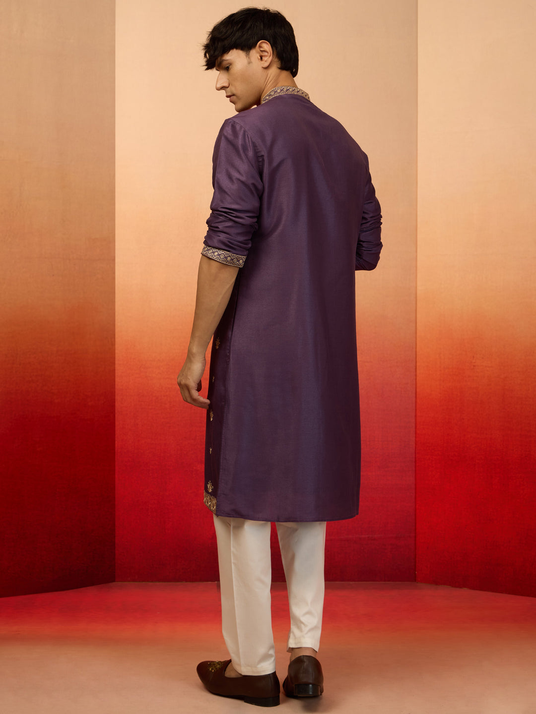 Men's Purple Silk Blend Resham Embroidered Kurta with Cream Pyjama