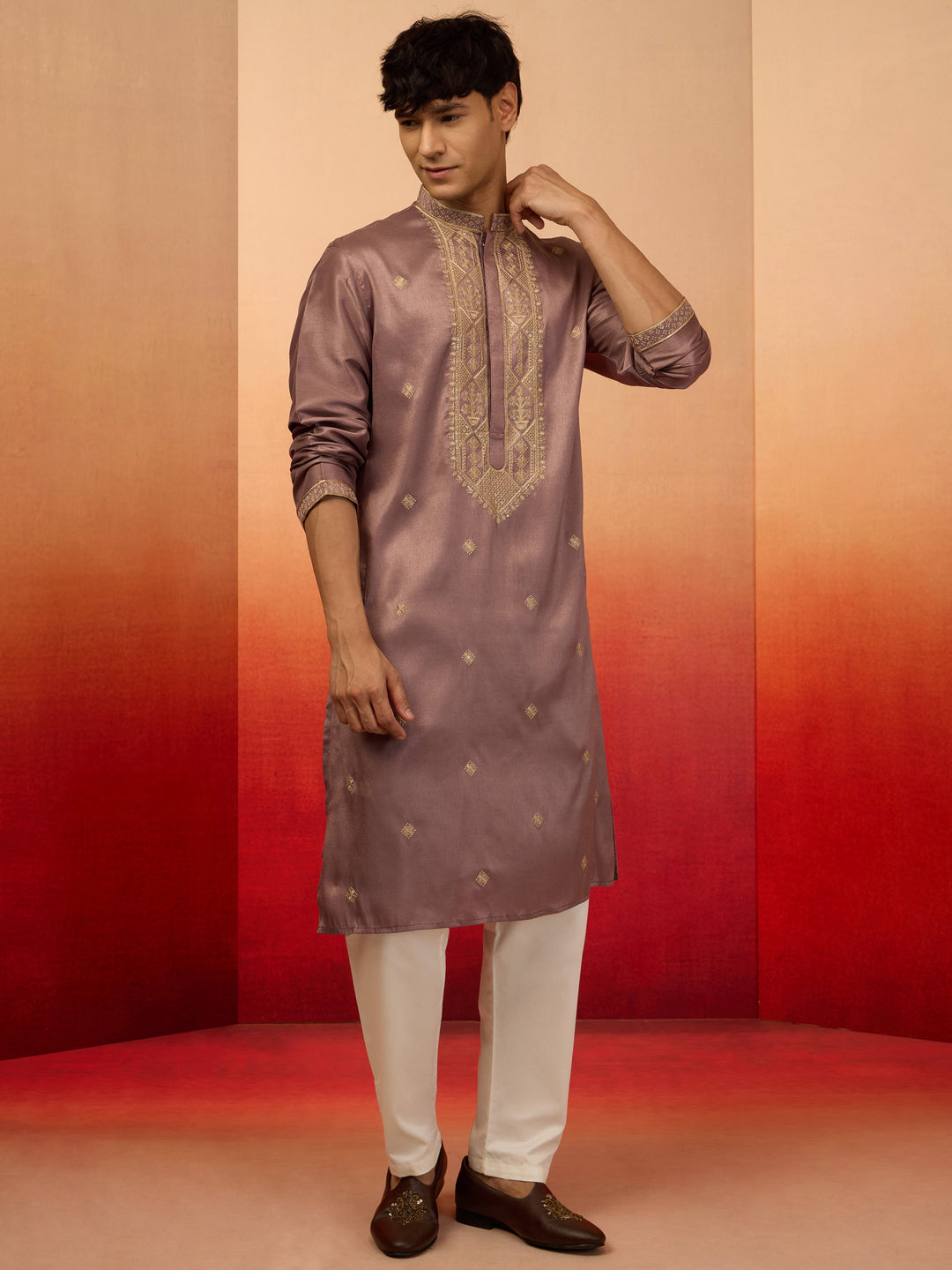 Men's Lavender Silk Blend Resham Embroidered Kurta with Cream Pyjama