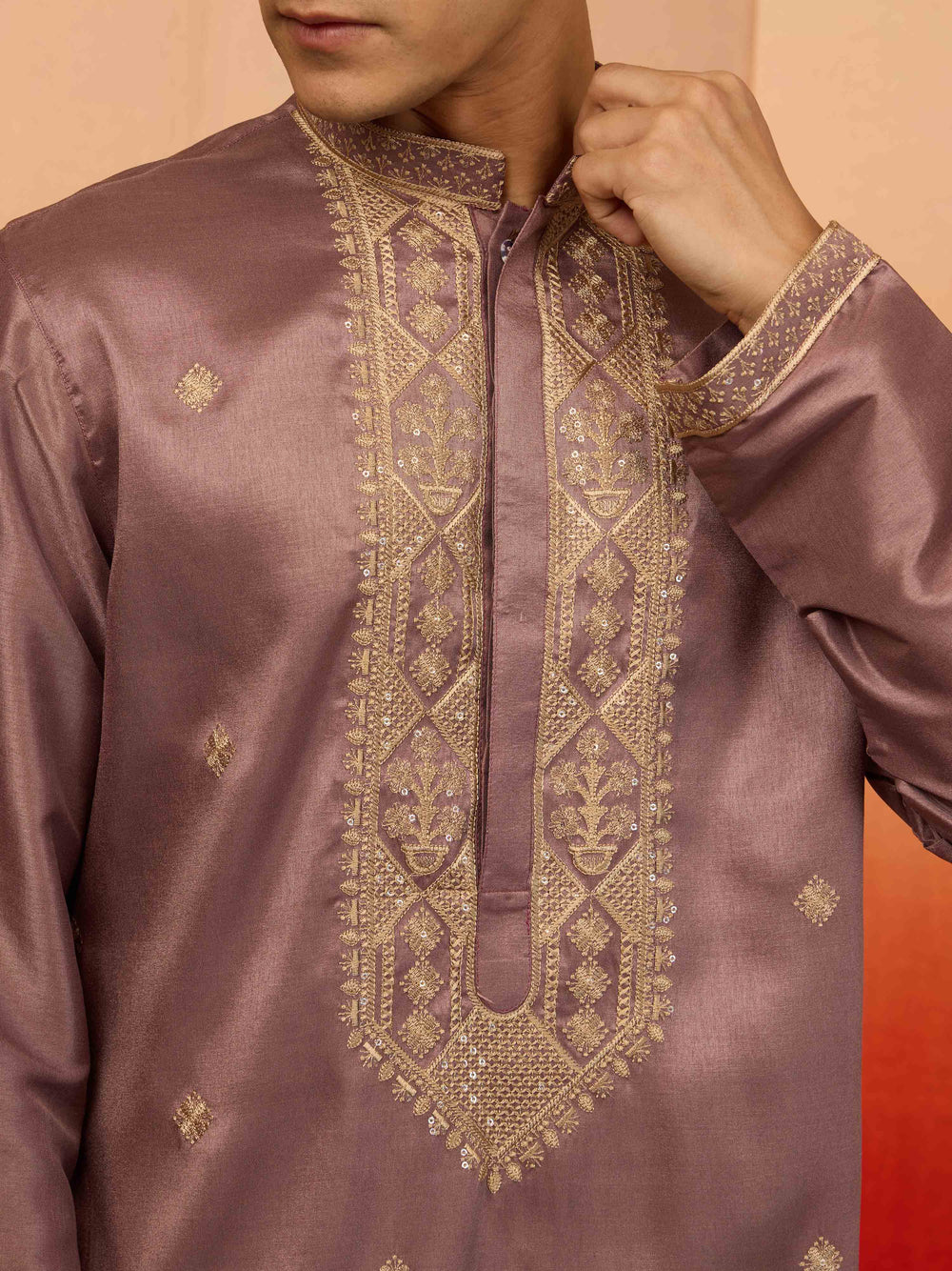 Men's Lavender Silk Blend Resham Embroidered Kurta with Cream Pyjama