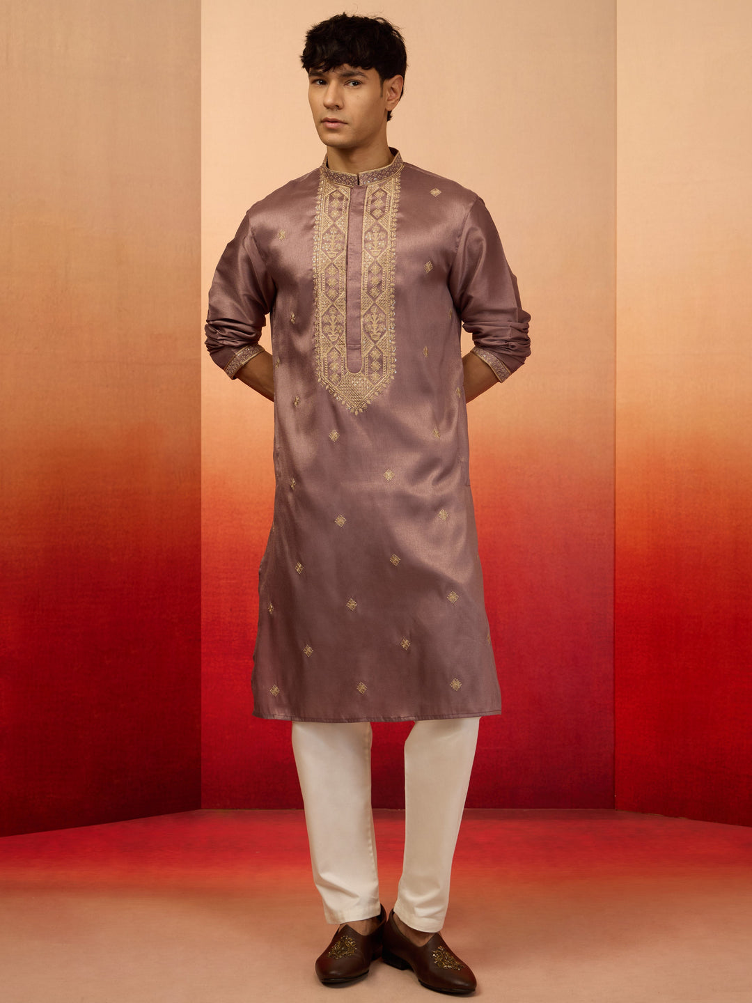 Men's Lavender Silk Blend Resham Embroidered Kurta with Cream Pyjama