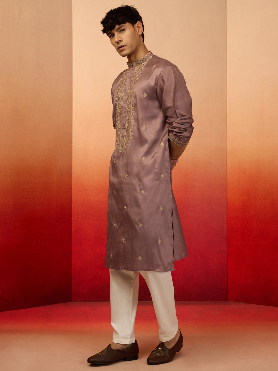 Men's Lavender Silk Blend Resham Embroidered Kurta with Cream Pyjama