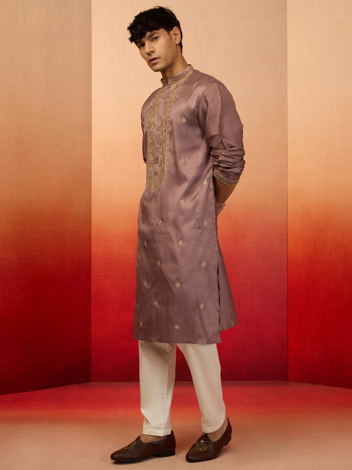 Men's Lavender Silk Blend Resham Embroidered Kurta with Cream Pyjama