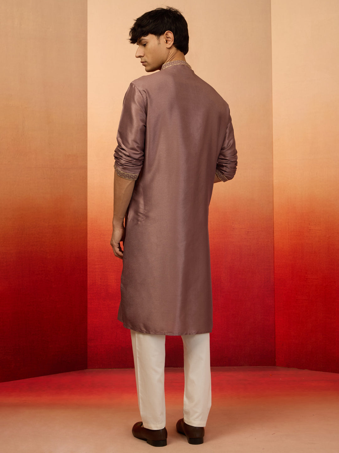 Men's Lavender Silk Blend Resham Embroidered Kurta with Cream Pyjama