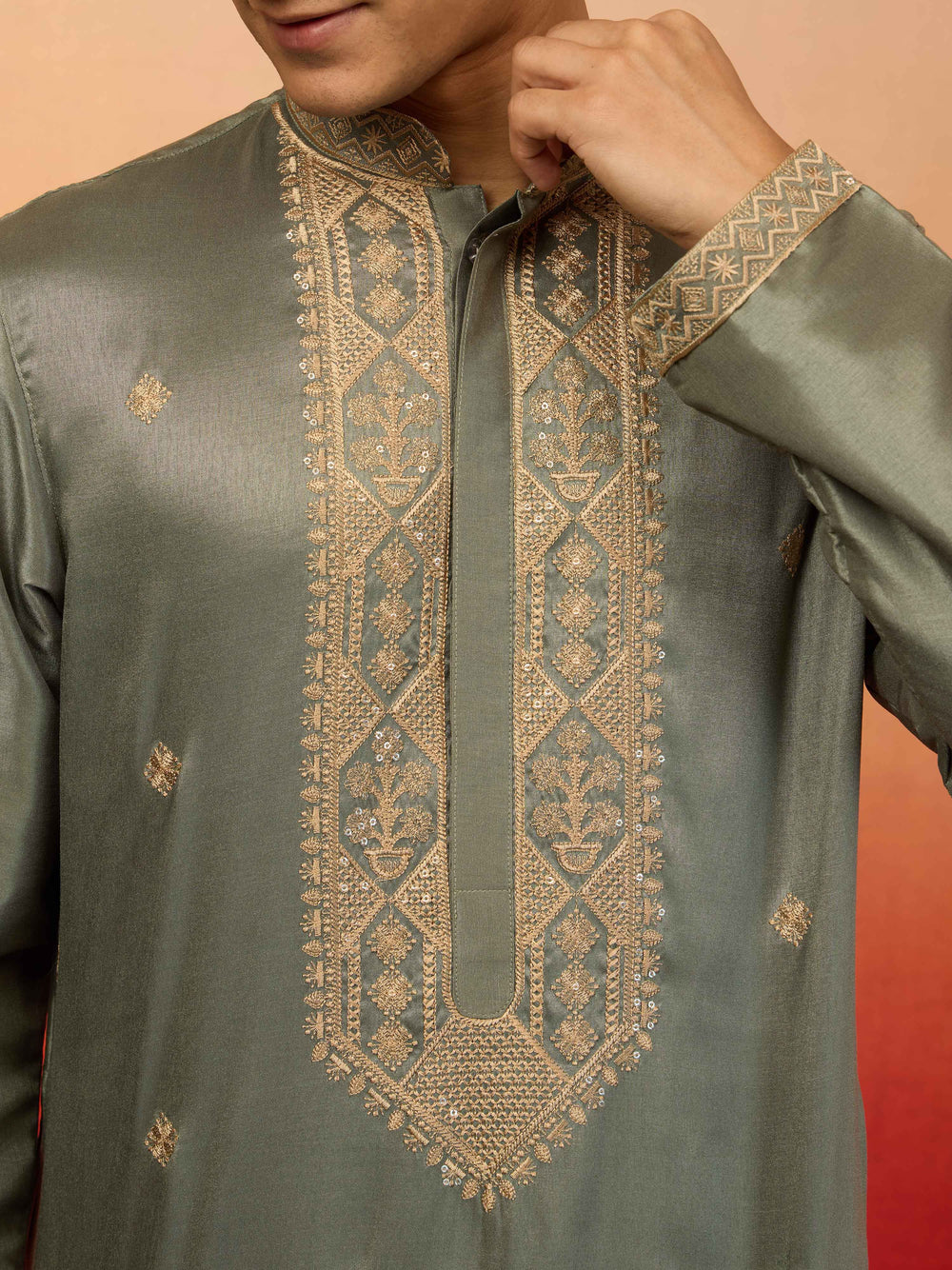 Men's Mint Green Silk Blend Resham Embroidered Kurta with Cream Pyjama