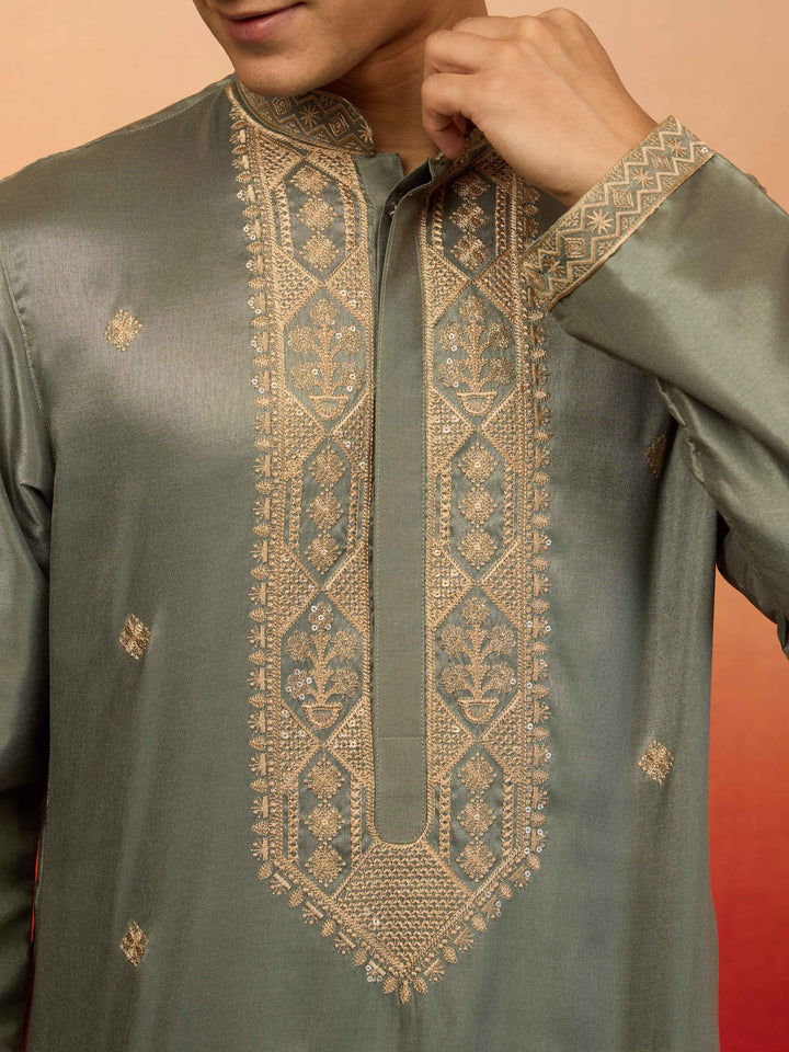 Men's Mint Green Silk Blend Resham Embroidered Kurta with Cream Pyjama