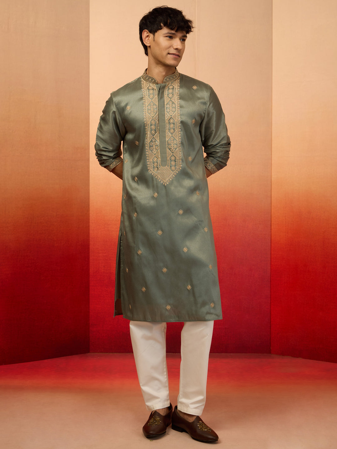 Men's Mint Green Silk Blend Resham Embroidered Kurta with Cream Pyjama