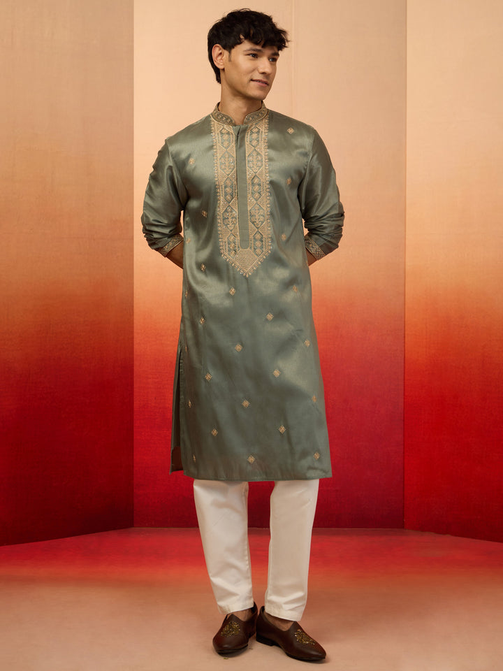 Men's Mint Green Silk Blend Resham Embroidered Kurta with Cream Pyjama
