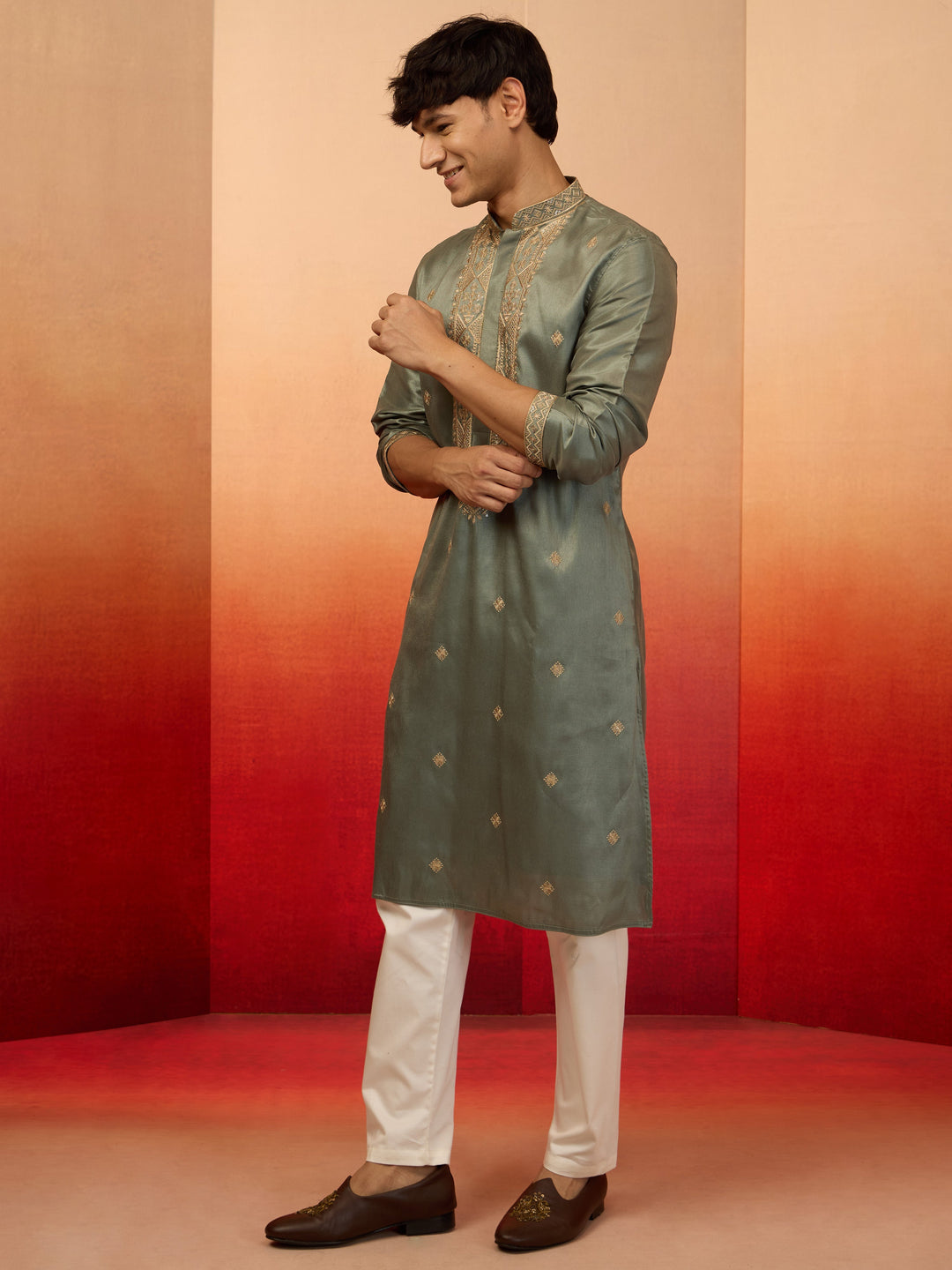 Men's Mint Green Silk Blend Resham Embroidered Kurta with Cream Pyjama