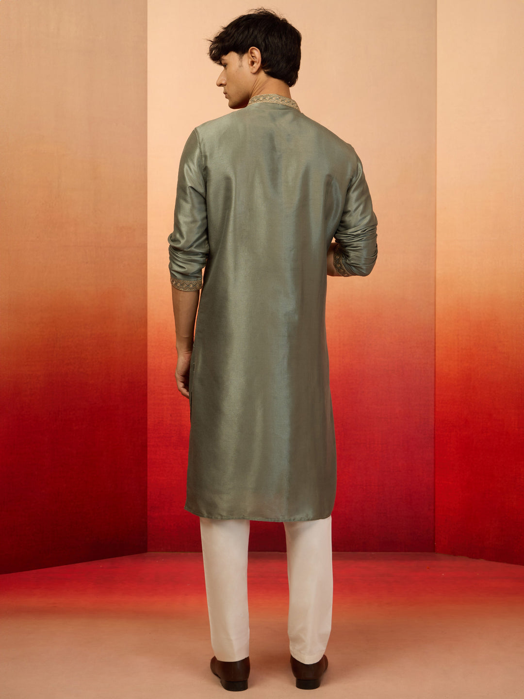 Men's Mint Green Silk Blend Resham Embroidered Kurta with Cream Pyjama