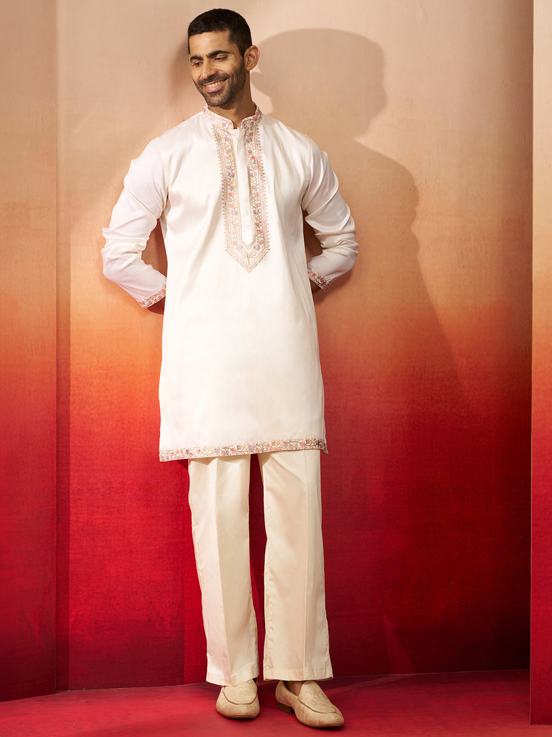 Men's Off White Embroidered Kurta with Palazzo