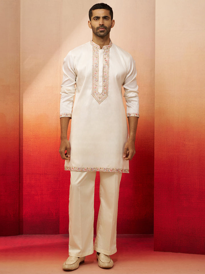 Men's Off White Embroidered Kurta with Palazzo