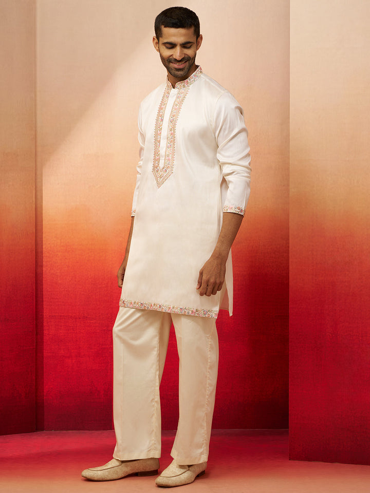 Men's Off White Embroidered Kurta with Palazzo