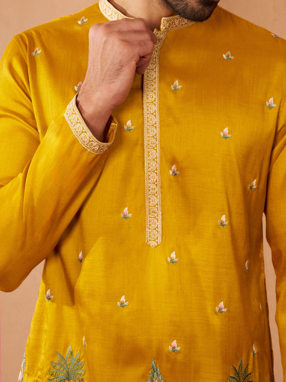 Men's Mustard Silk Blend Embroidered Thigh-Length Kurta with Wide Leg Pant
