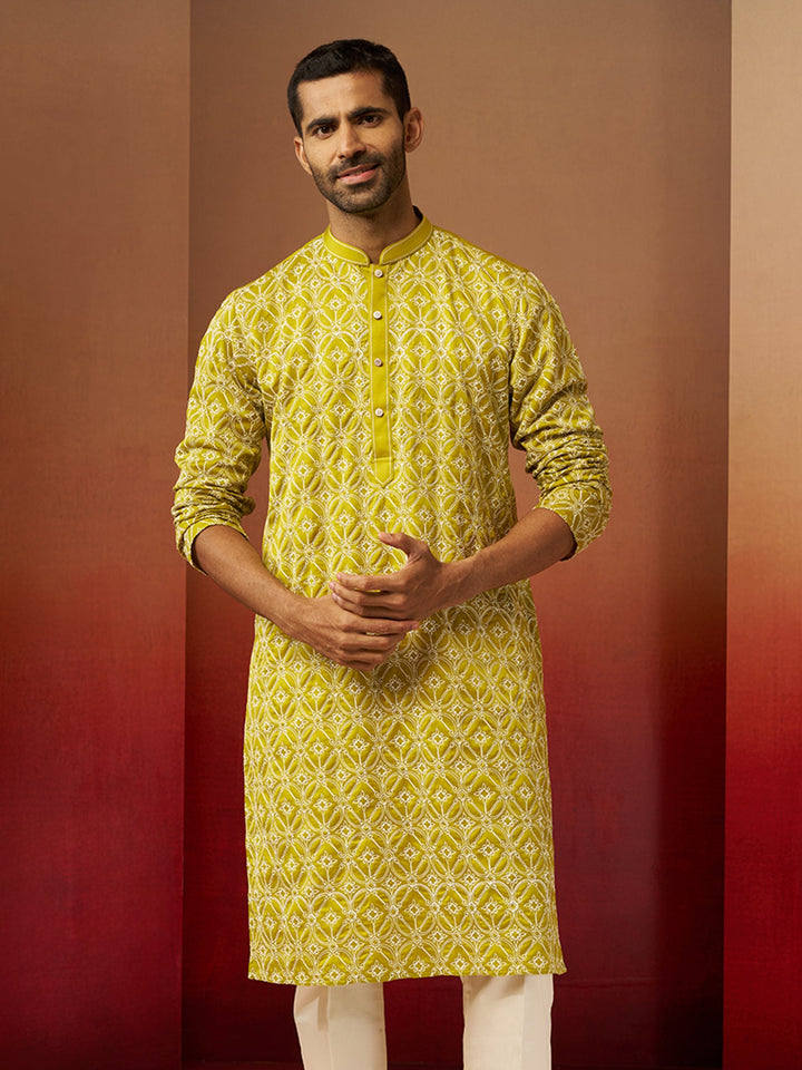Men Green Linen Silk Thread Embroidered Kurta