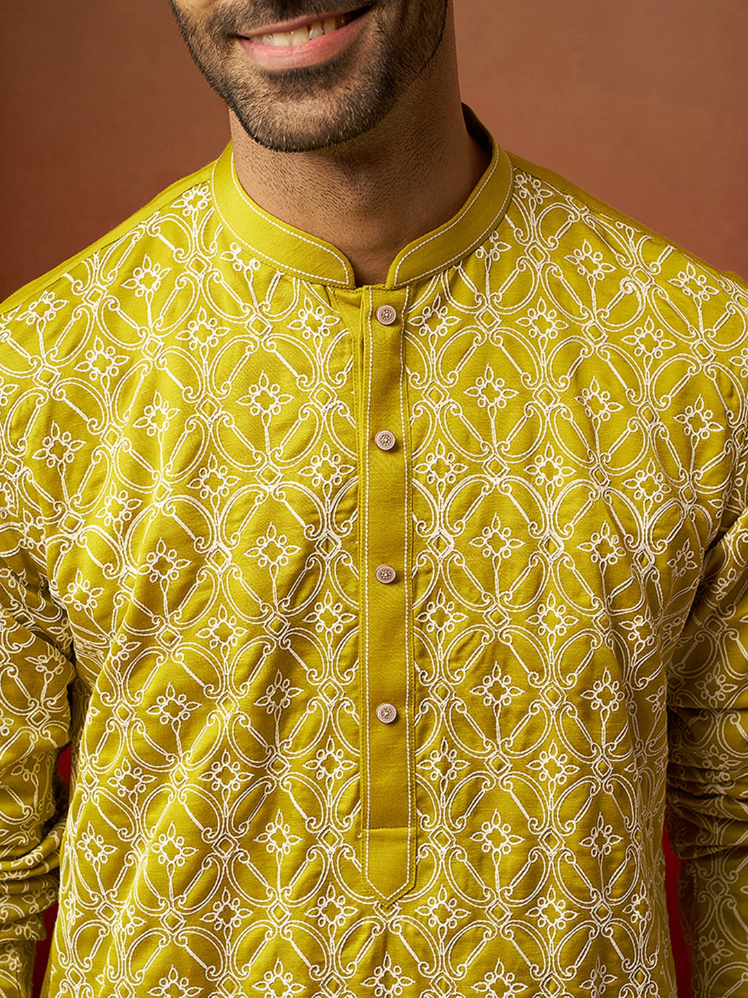 Men Green Linen Silk Thread Embroidered Kurta