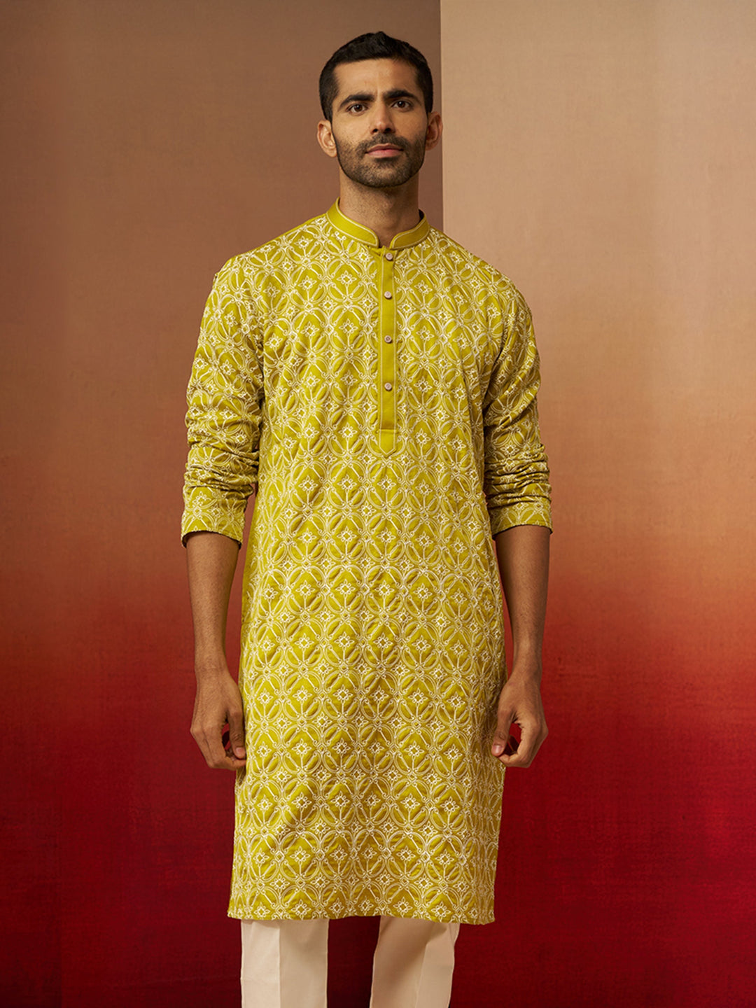 Men Green Linen Silk Thread Embroidered Kurta