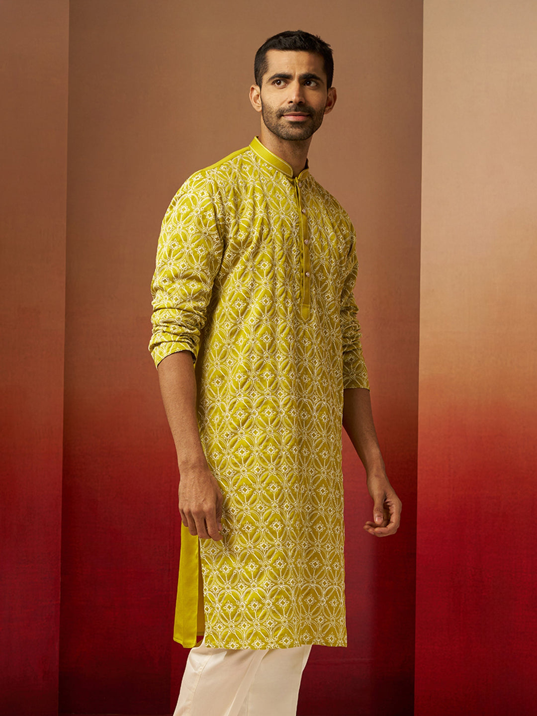 Men Green Linen Silk Thread Embroidered Kurta