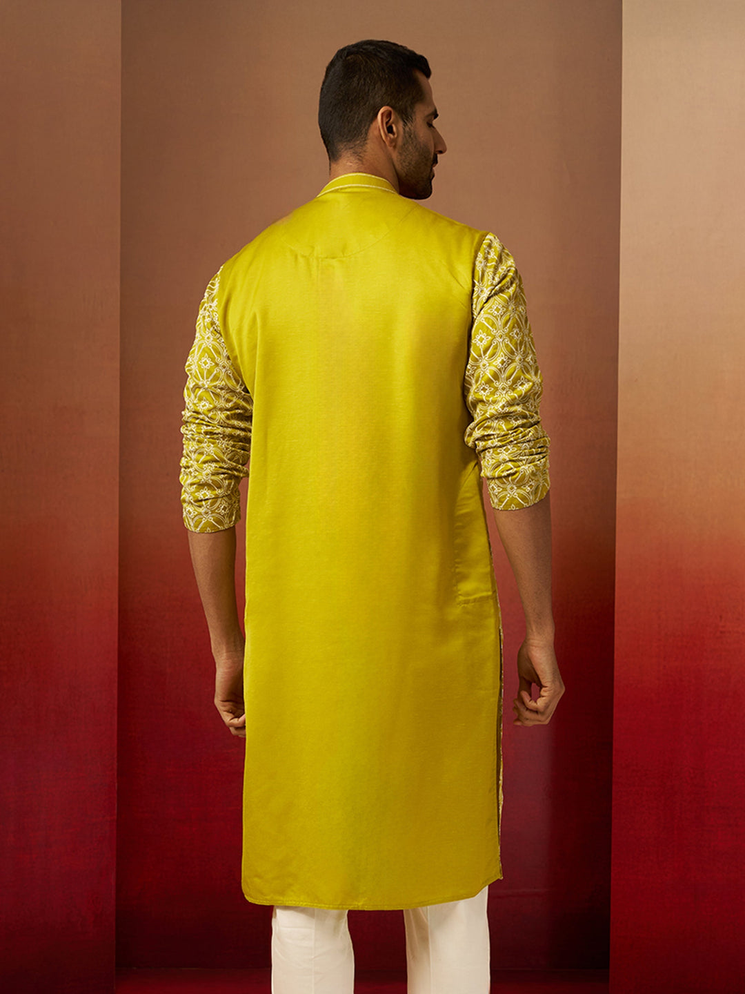 Men Green Linen Silk Thread Embroidered Kurta