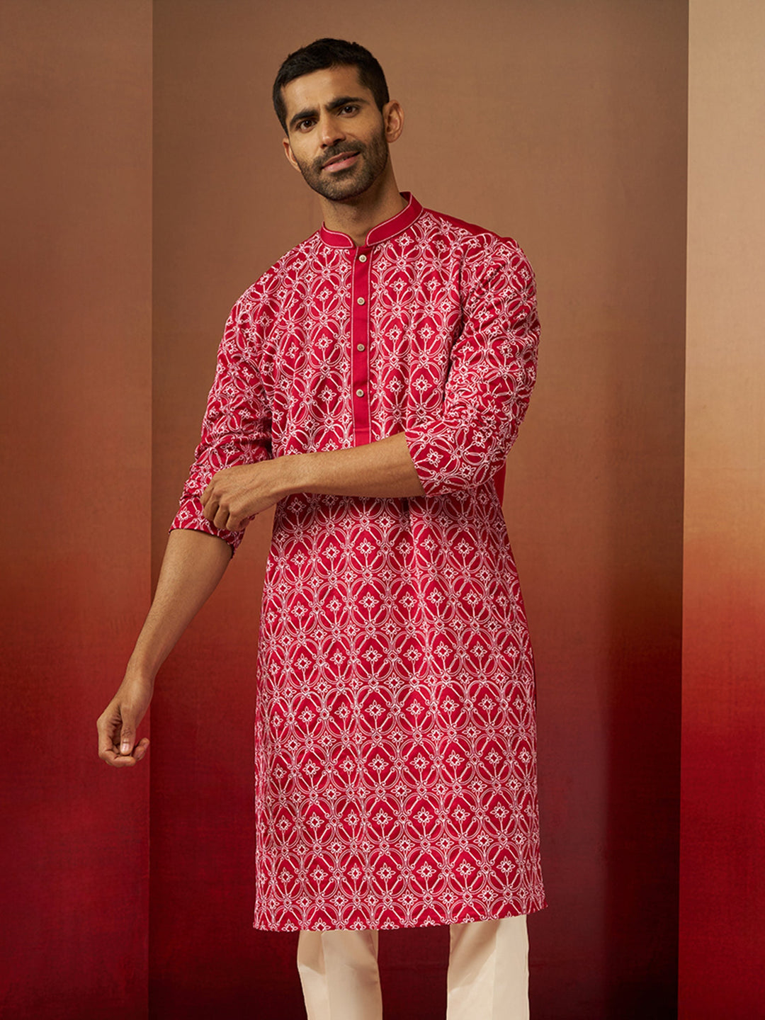 Men Red Linen Silk Thread Embroidered Kurta
