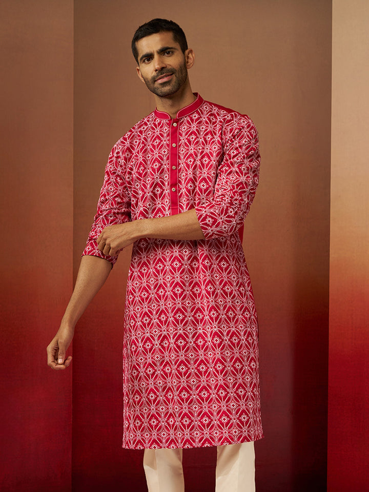 Men Red Linen Silk Thread Embroidered Kurta