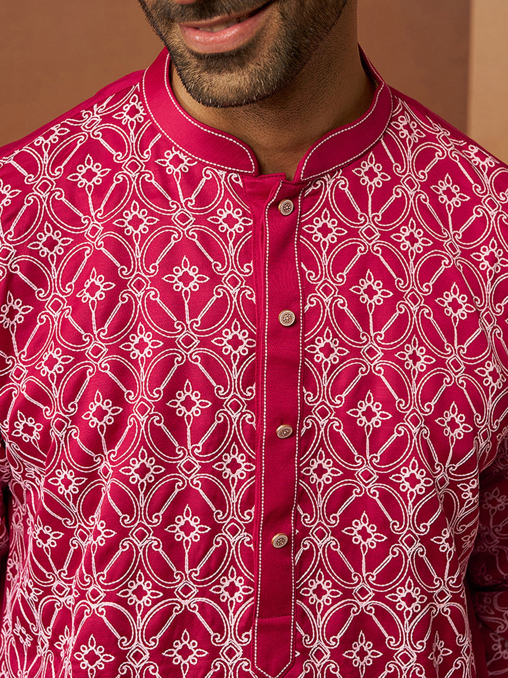 Men Red Linen Silk Thread Embroidered Kurta