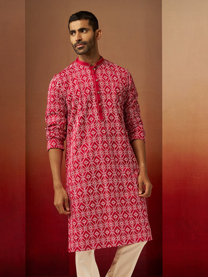 Men Red Linen Silk Thread Embroidered Kurta