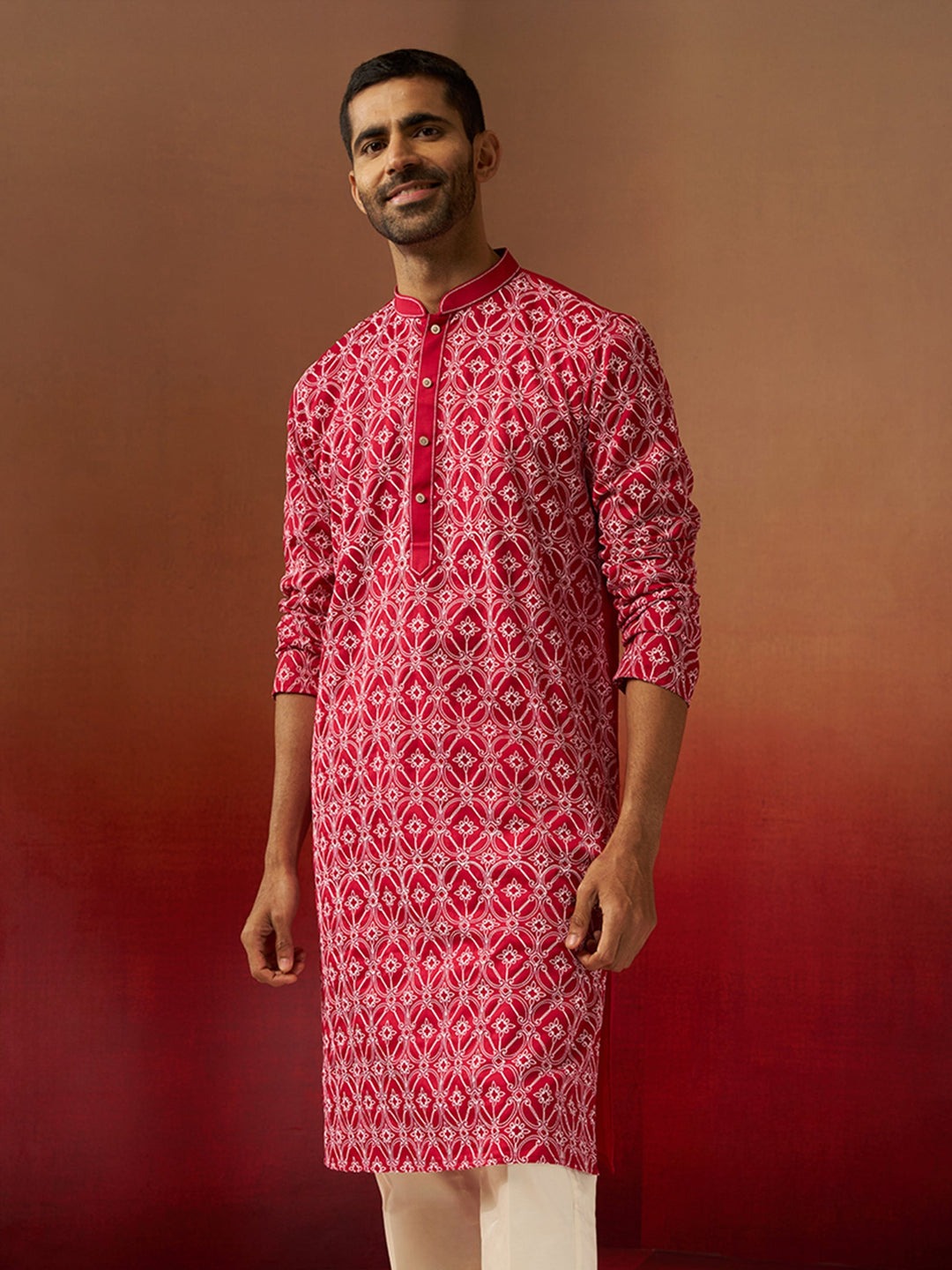 Men Red Linen Silk Thread Embroidered Kurta
